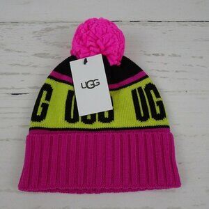 UGG Kid's Pom Pom Beanie Wool Blend Varsity Logo Knit Pink Yellow 2-4 y/o New